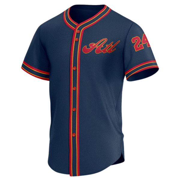 Navy blue button down baseball jersey with red and yellow striped accents, Atlanta-style design, number 24, sublimated and fully customizable