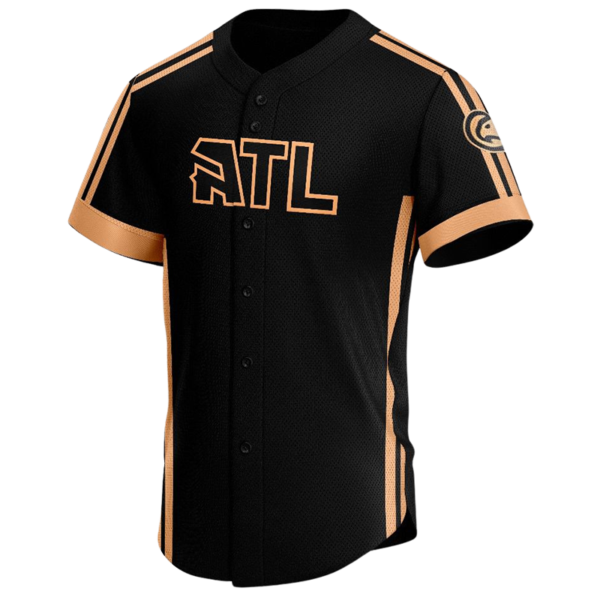 ATL button down baseball jersey in black with orange stripes, bold chest print, and shoulder graphics, fully sublimated custom teamwear