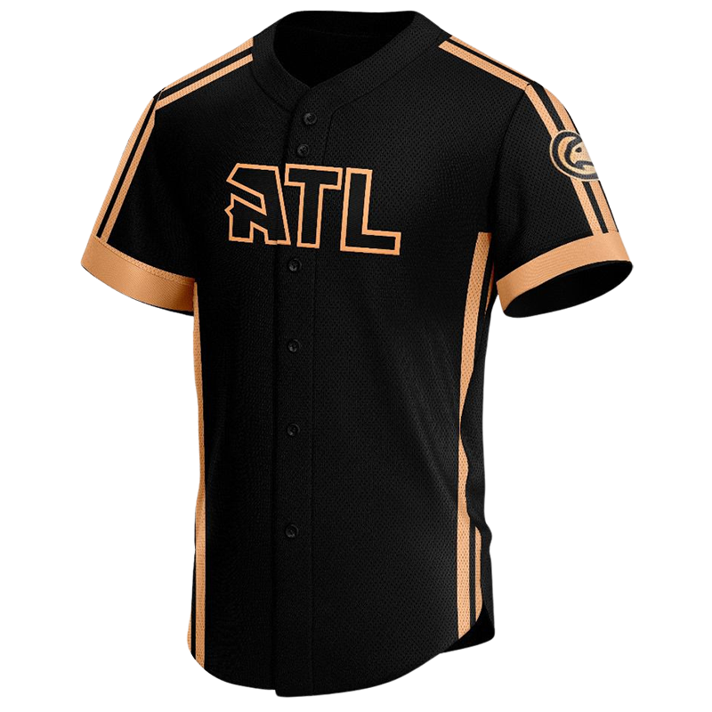 ATL button down baseball jersey in black with orange stripes, bold chest print, and shoulder graphics, fully sublimated custom teamwear