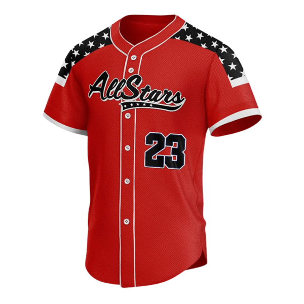 All Stars custom button down baseball jersey in red with black star shoulder panels, white piping, and number 23