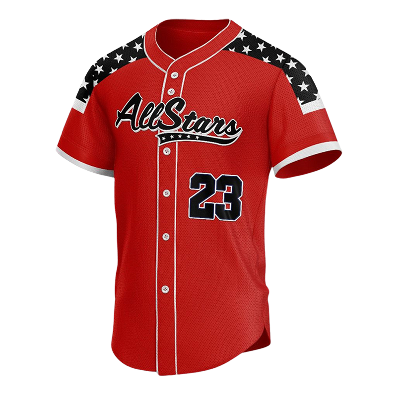 All Stars custom button down baseball jersey in red with black star shoulder panels, white piping, and number 23