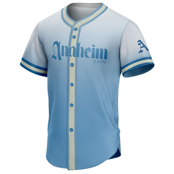 Anaheim Custom Button Down Baseball Jersey in blue with vertical cream placket, script logo, and breathable mesh fabric.