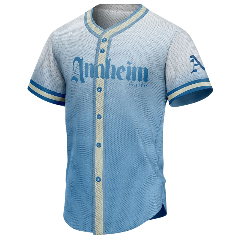 Anaheim Custom Button Down Baseball Jersey in blue with vertical cream placket, script logo, and breathable mesh fabric.