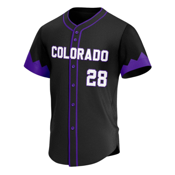 Black button down baseball jersey with purple trim and Colorado print, number 28, fully sublimated and customizable team uniform