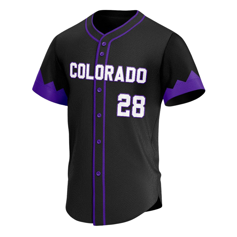 Black button down baseball jersey with purple trim and Colorado print, number 28, fully sublimated and customizable team uniform