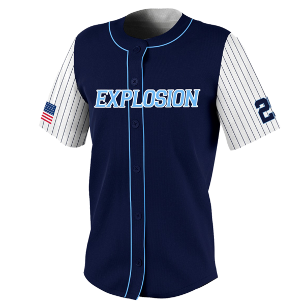 Custom Softball Button Down Jersey – Explosion Navy Pinstripe Design.