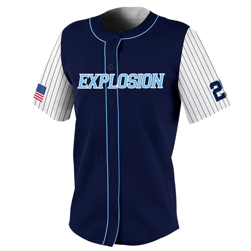 Custom Softball Button Down Jersey – Explosion Navy Pinstripe Design.