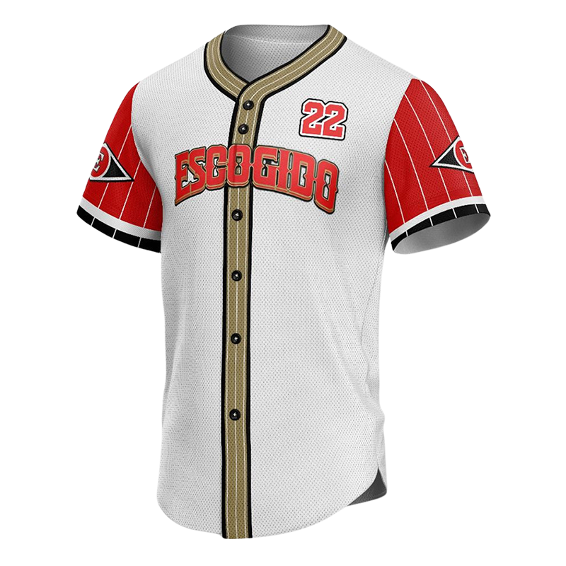 Escogido Baseball Button Down Jersey with white mesh base, red sleeves, and gold button placket.