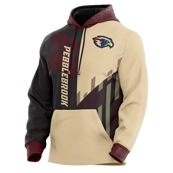 Pebblebrook Custom Team Hoodie in black and gold with maroon accents and falcon logo.