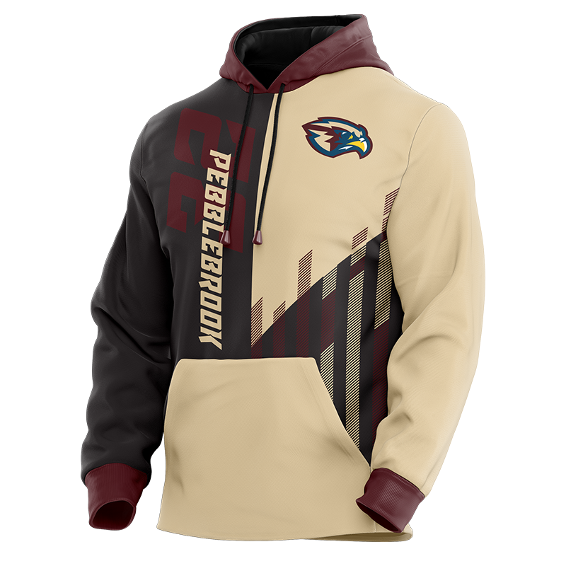 Pebblebrook Custom Team Hoodie in black and gold with maroon accents and falcon logo.