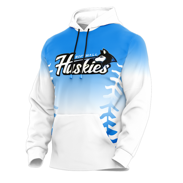 Huskies Custom Team Hoodie in blue-white fade with softball stitching graphic and husky logo.