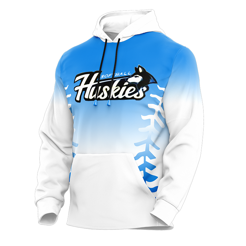 Huskies Custom Team Hoodie in blue-white fade with softball stitching graphic and husky logo.