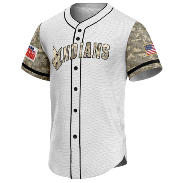 Camo baseball jersey with white body, camo sleeves, U.S. flag patch, button-down design, and full customization options