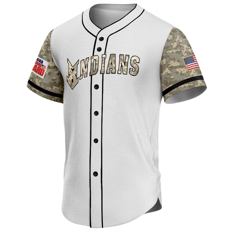 Camo baseball jersey with white body, camo sleeves, U.S. flag patch, button-down design, and full customization options