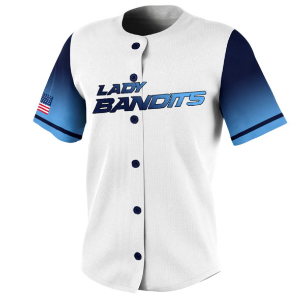 Custom Softball Button Down Jersey – Lady Bandits White and Navy.