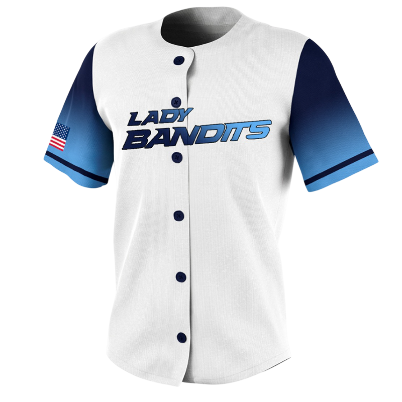 Custom Softball Button Down Jersey – Lady Bandits White and Navy.