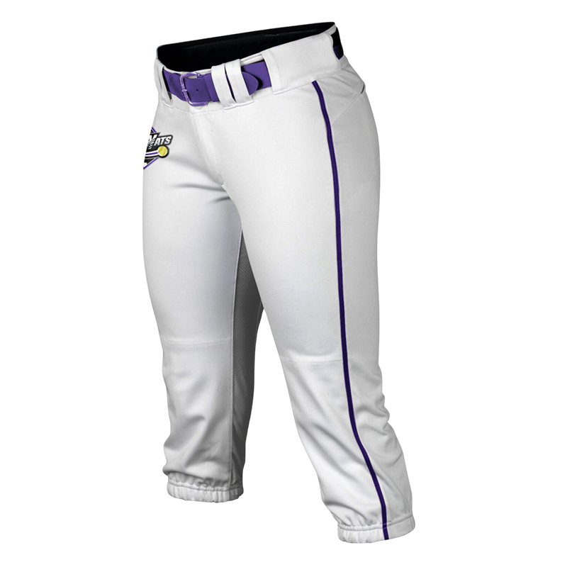 Lady Kat Custom Baseball Pants – White and Purple Knicker Fit.