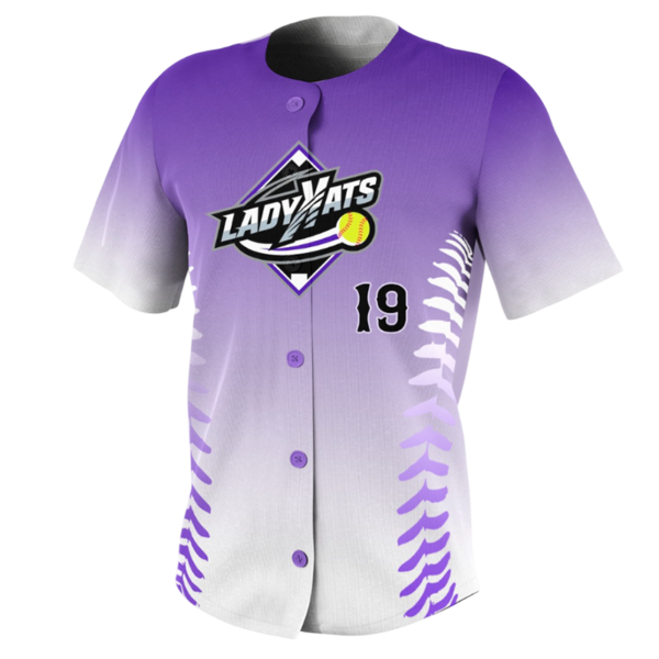 Lady Kats Softball Jersey – Purple and White Full Button Design.