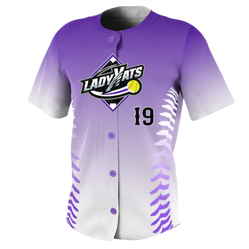 Lady Kats Softball Jersey – Purple and White Full Button Design.
