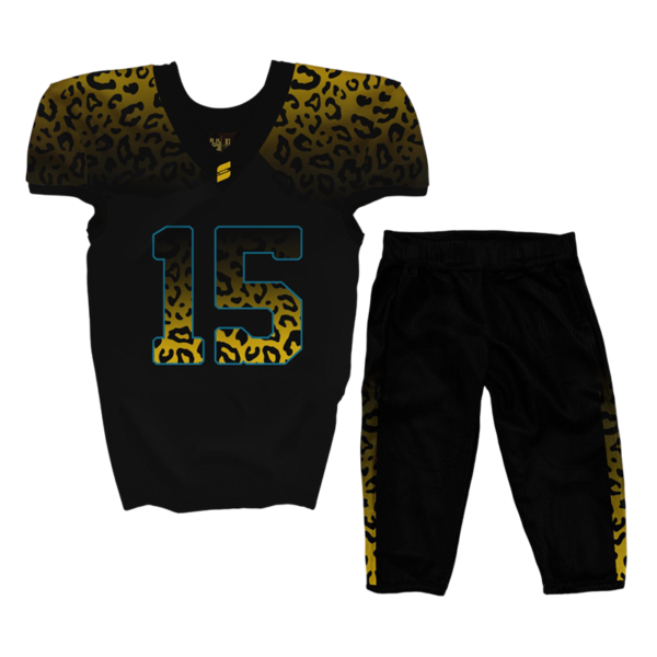 Custom Football Uniforms – Leopard Tackle Jersey and Pants.
