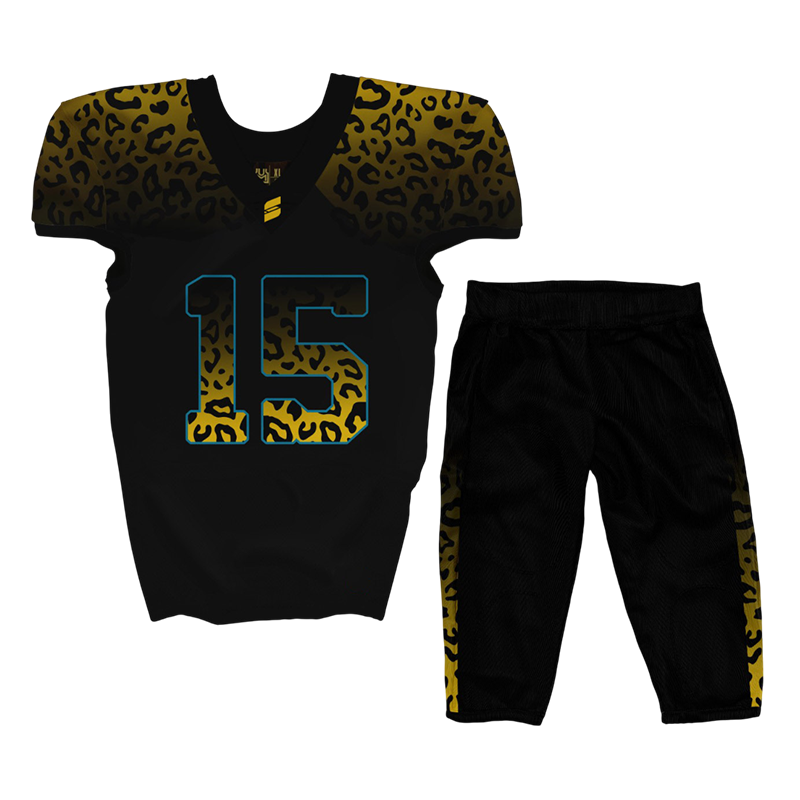 Custom Football Uniforms – Leopard Tackle Jersey and Pants.