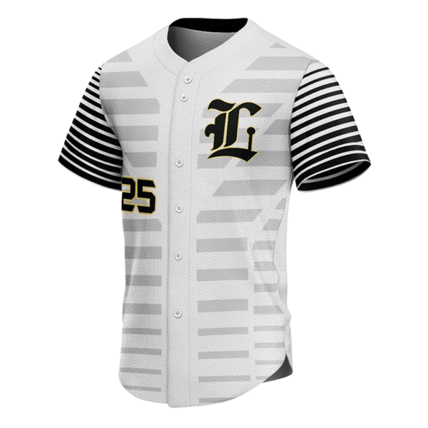 Striped button down baseball jersey in white with horizontal stripes, black-and-white sleeves, gold-outlined “L” logo, and number 25