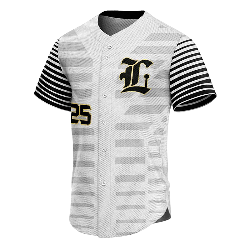 Striped button down baseball jersey in white with horizontal stripes, black-and-white sleeves, gold-outlined “L” logo, and number 25
