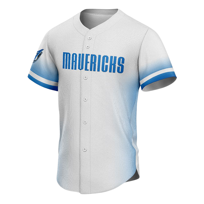 Mavericks white and blue custom button down baseball jersey with full front buttons and sublimated gradient sleeves.