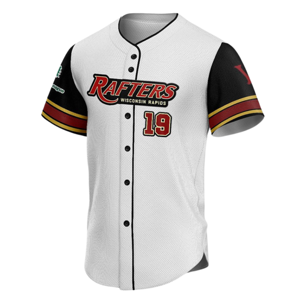 Rafters Baseball Button Down Jersey with white mesh body and black-red sleeves, button front, and red 19 number.