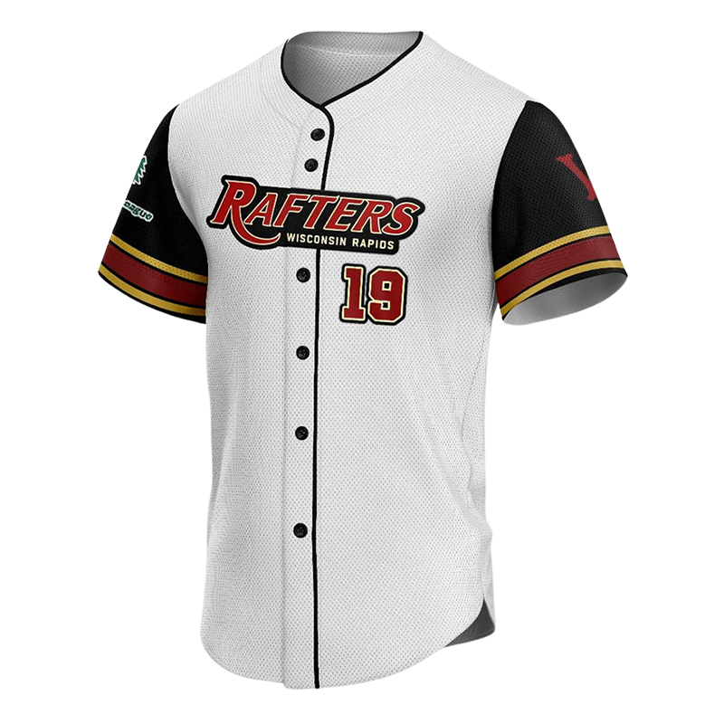 Rafters Baseball Button Down Jersey with white mesh body and black-red sleeves, button front, and red 19 number.