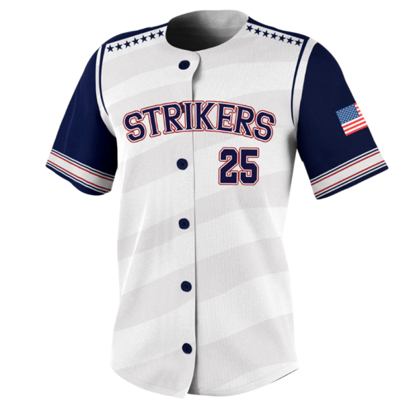 Strikers Softball Jersey – Red White Blue Patriotic Button Down.
