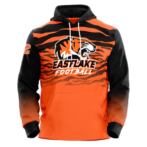 Eastlake Custom Football Hoodie in orange and black tiger stripe print with white drawstring.