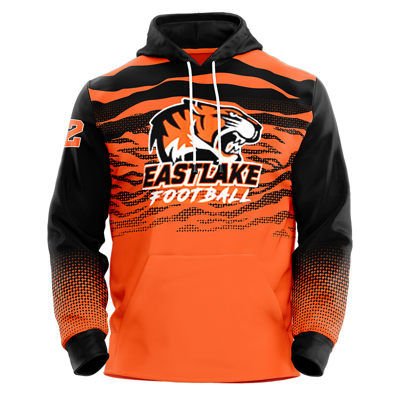 Eastlake Custom Football Hoodie in orange and black tiger stripe print with white drawstring.