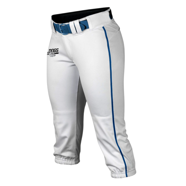 Custom Softball Home Pants – White Knicker Style with Blue Trim.
