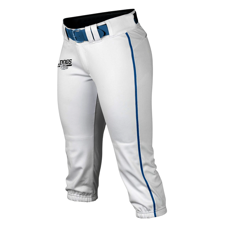Custom Softball Home Pants – White Knicker Style with Blue Trim.