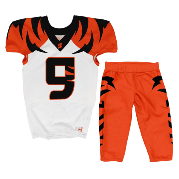 Orange tiger football uniform with black stripes and bold number 9