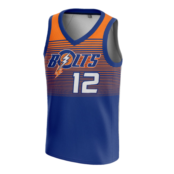 Bolts Custom Basketball Home Jersey – Blue and Orange by Capra Sports.