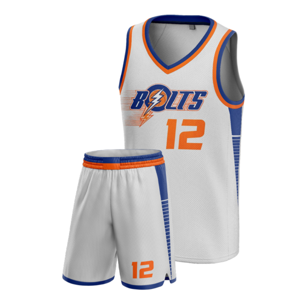 Custom basketball jersey in white with orange number 12 and Bolts logo