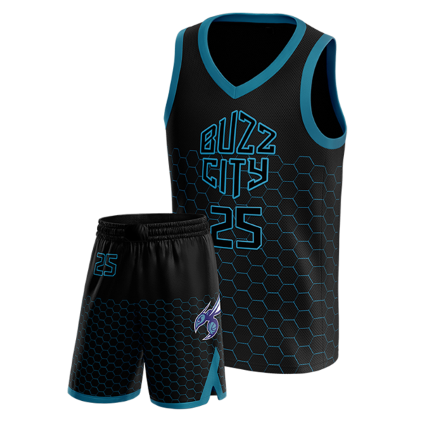 Buzz City home uniform black hex basketball jersey and shorts with number 25