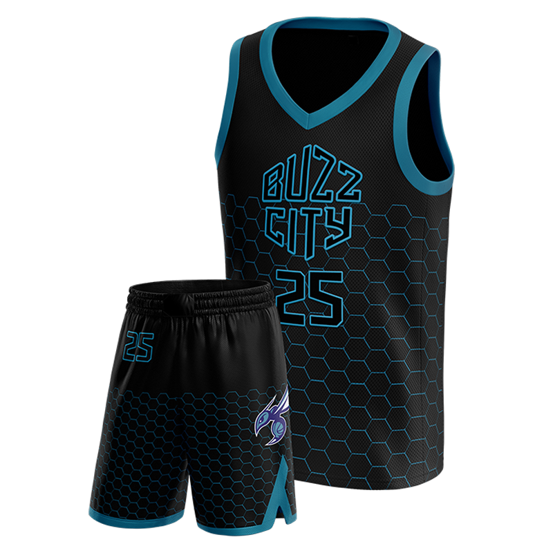 Buzz City home uniform black hex basketball jersey and shorts with number 25