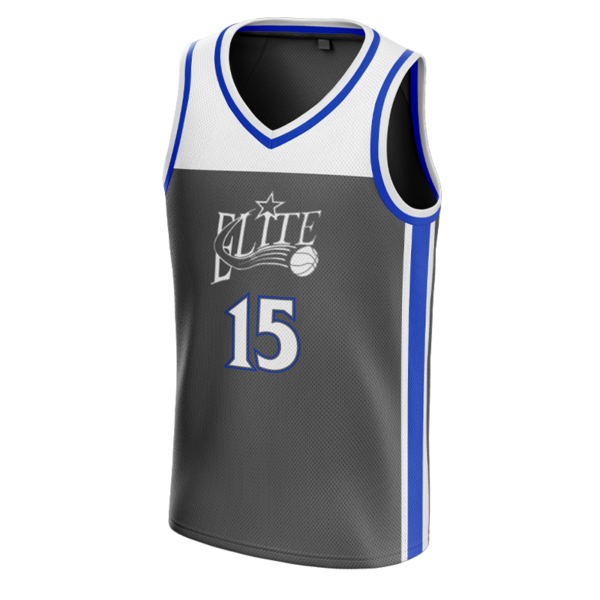 Elite basketball jersey in gray with white chest panel and number 15