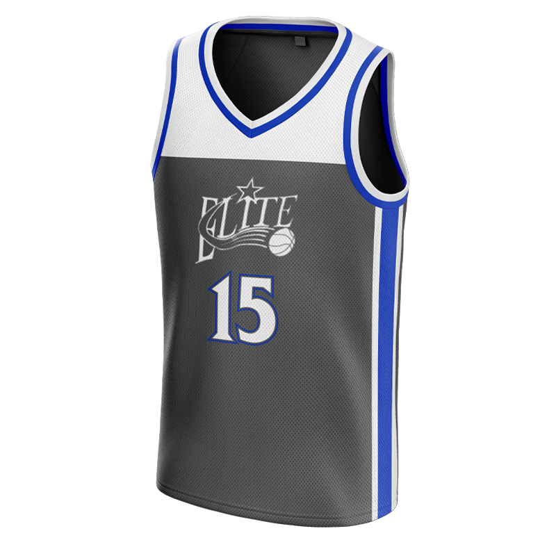 Elite basketball jersey in gray with white chest panel and number 15