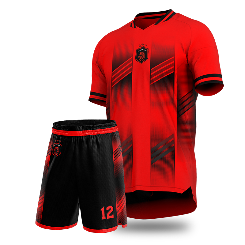 Custom FC Lionaire Soccer Uniform – Red and Black Kit by Capra Sports