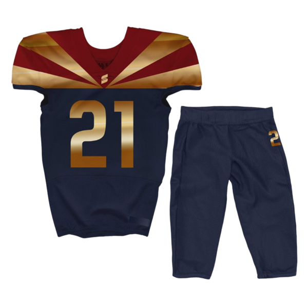 Navy gold football uniform with red sunburst shoulder design and gold number 21
