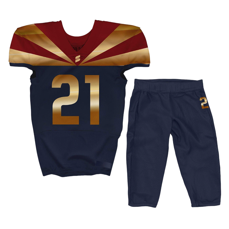 Navy gold football uniform with red sunburst shoulder design and gold number 21
