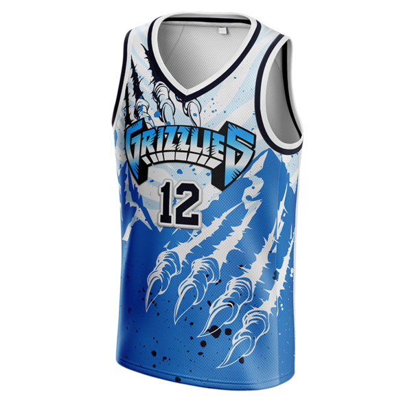 Custom Grizzlies Basketball Jersey with claw scratch blue design by Capra Sports