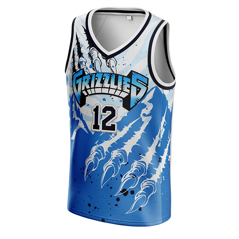 Custom Grizzlies Basketball Jersey with claw scratch blue design by Capra Sports