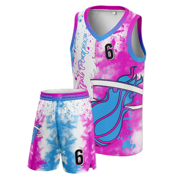 Heat basketball uniform with pink and blue splash design, number 6 on jersey and shorts.