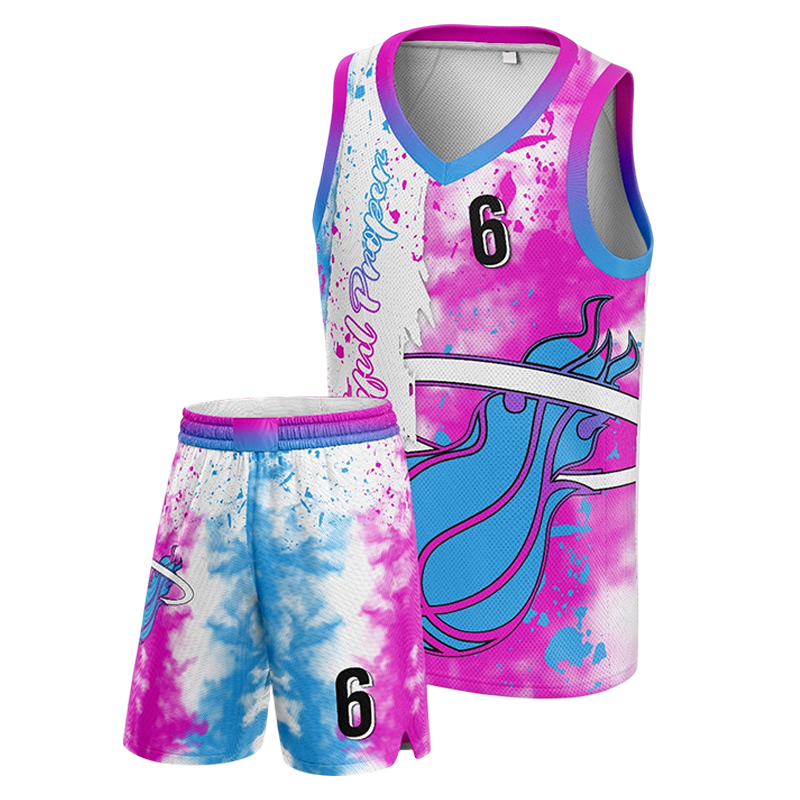 Heat basketball uniform with pink and blue splash design, number 6 on jersey and shorts.