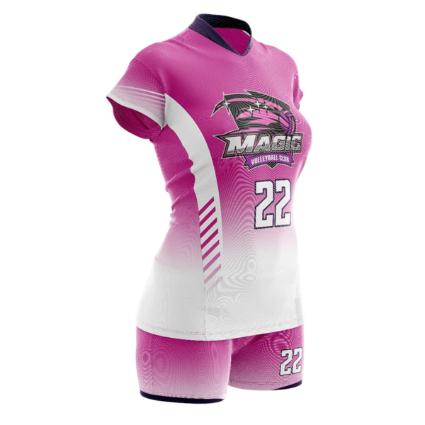Pink volleyball uniform with Magic logo and number 22 for women's team